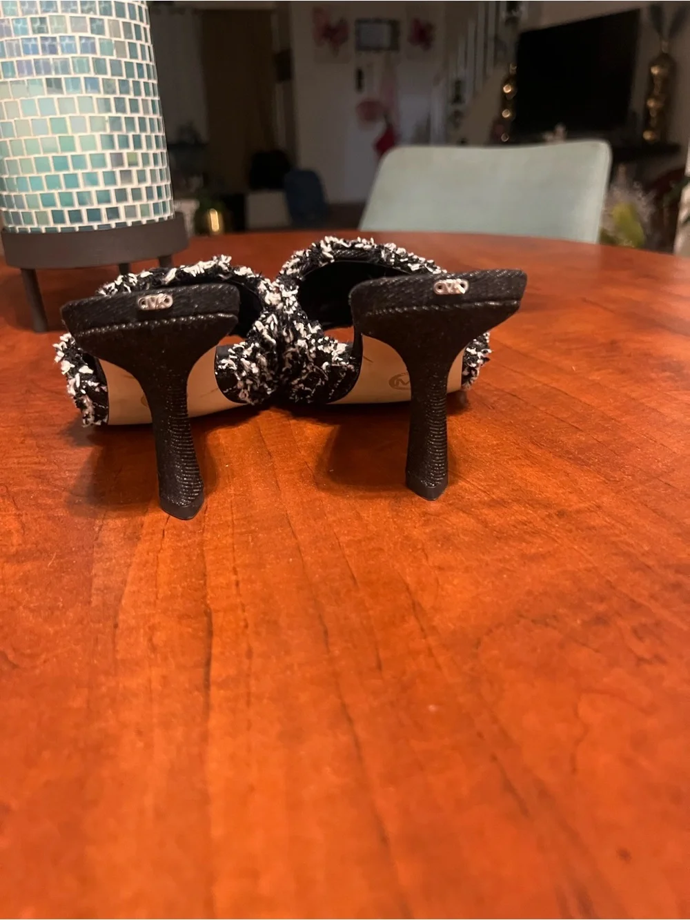 Michael Kors Black and White Tweed Slide Mules